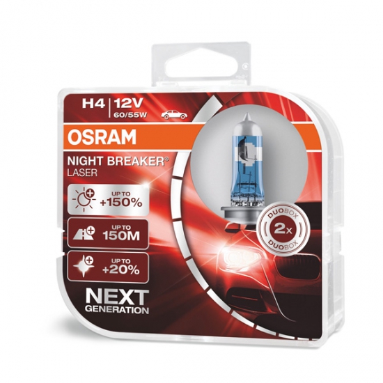 Автолампа H4 12v 60/55W Night Breaker Laser +150% Osram (комплект 2шт) 64193 NL-HCB EURO 