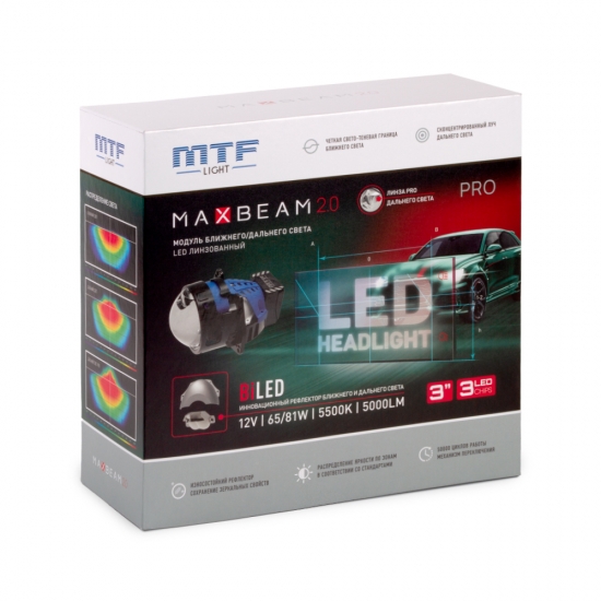 Светодиодные модули ближнего дальнего света MTF Light MAXBEAM PRO 2.0 линзованные, бескорпусные, 12В, 6582Вт, 5500К, 3 дюйма, комплект.