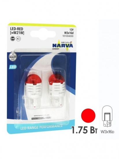 18100 Лампа автомобильная W21W LED (W3x16q) Range Perfomance LED (упаковка 2 шт.) NARVA