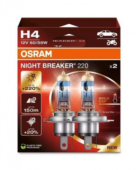 64193NB220-2HB Автолампа H4 60/55W+220% Night Breaker 2 шт