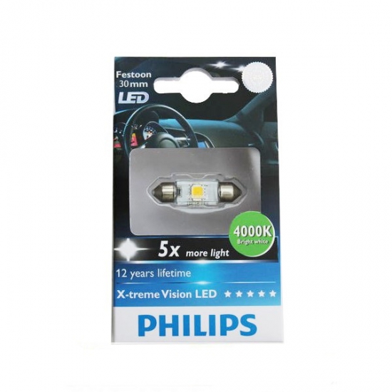 128584000KX1 12V 36mm Лампа светодиодная 12V C5W SV8,5 1W 4000K LED Philips