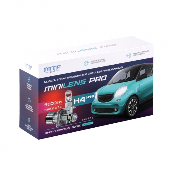 Светодиодные линзы MTF LIGHT серии MiniLENS PRO H4/H19, 12/24V, 35/55W, 6000K, 5500LM, 2шт.