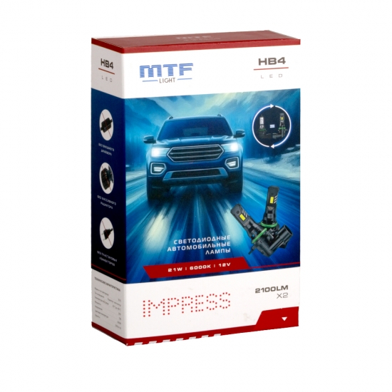 Светодиодные лампы MTF Light серия Impress HB4(9006), 12V, 21W, 2100lm, 6000K, размер штатной лампы, комплект