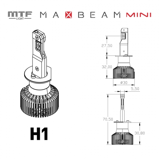 Светодиодные лампы MTF Light серия MaxBeam Mini H1, 12V, 45W, 4500lm, 6000K, кулер, комплект