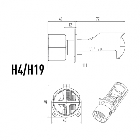 MC04K5 Светодиодные линзы MTF LIGHT серии MicroLENS H4/H19, 12/24V, 55W, 6000K, 4000LM, к-т.