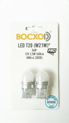 90130-02B Лампа светодиодная 360 SMD=4(3030) мат.стек. 8000K T20 (W21W 12V 2.5W 260LM W3x16d) бл.2шт