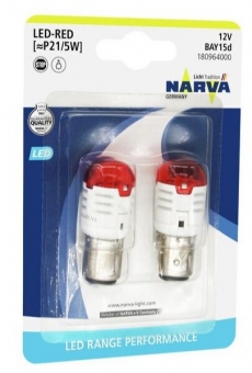 18096 Лампа автомобильная P21/5W LED RED (BAY15d) Range Perfomance LED (упаковка 2 шт.) NARVA