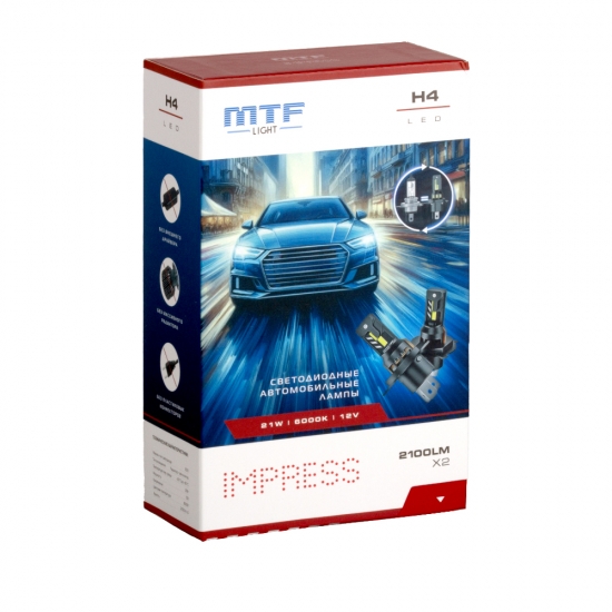 Светодиодные лампы MTF Light серия Impress H4, 12V, 21W, 2100lm, 6000K, размер штатной лампы, комплект