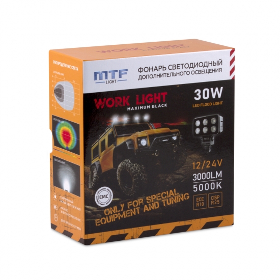 Прожектор светодиодный MTF LIGHT серия MAXIMUM BLACK 12-36V, 30W, 3000lm, ECE R10, прямоугольный, шт