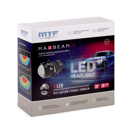 Светодиодные модули ближнего дальнего света MTF Light MAXBEAM 2.0 линзованные, бескорпусные, 12В, 6582Вт, 5500К, 3 дюйма, комплект